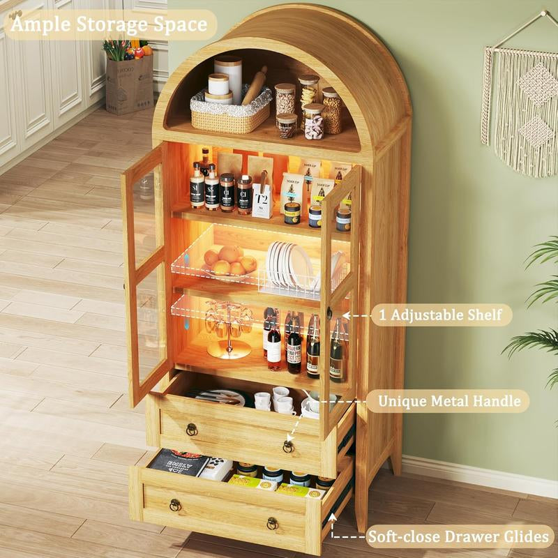 Farmhouse Arched Cabinet with Glass Doors, Wood Display Cabinet with Drawer and Adjustable Shelves, 71” Tall Bookshelf Modern China Storage Kitchen Pantry for Living Room,Office