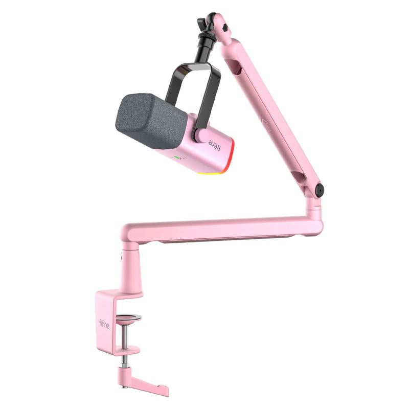 FIFINE AM8 Gaming Microphone and Low Profile Arm Stand Bundle, White XLR/USB Dynamic Mic with Mute Button, RGB Lighting, Desktop Stand, Adjustable Boom Arm Kit with Screw Adapter for Youtube Twitch Streaming Studio Audio Smartphone