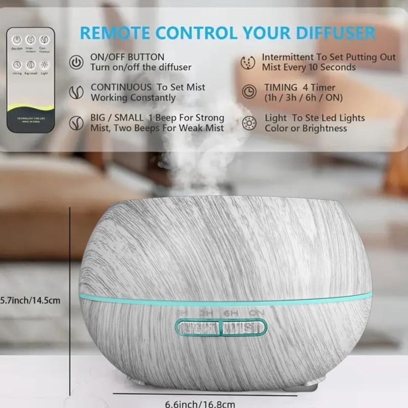 Family Sized 550Ml Ultrasonic Air Humidifier & Aroma Diffuser, Wood Grain Design, Remote Operation, 7 LED Mood Lights, 6 Essential Oils for Home Wellness, Aromatherapy Machine & Air Purifier for Enhanced Comfort