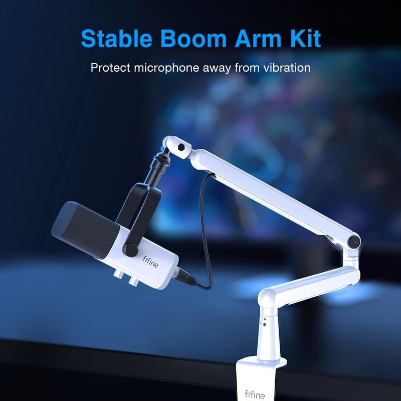FIFINE AM8 Gaming Microphone and Low Profile Arm Stand Bundle, White XLR/USB Dynamic Mic with Mute Button, RGB Lighting, Desktop Stand, Adjustable Boom Arm Kit with Screw Adapter for Youtube Twitch Streaming Studio Audio Smartphone