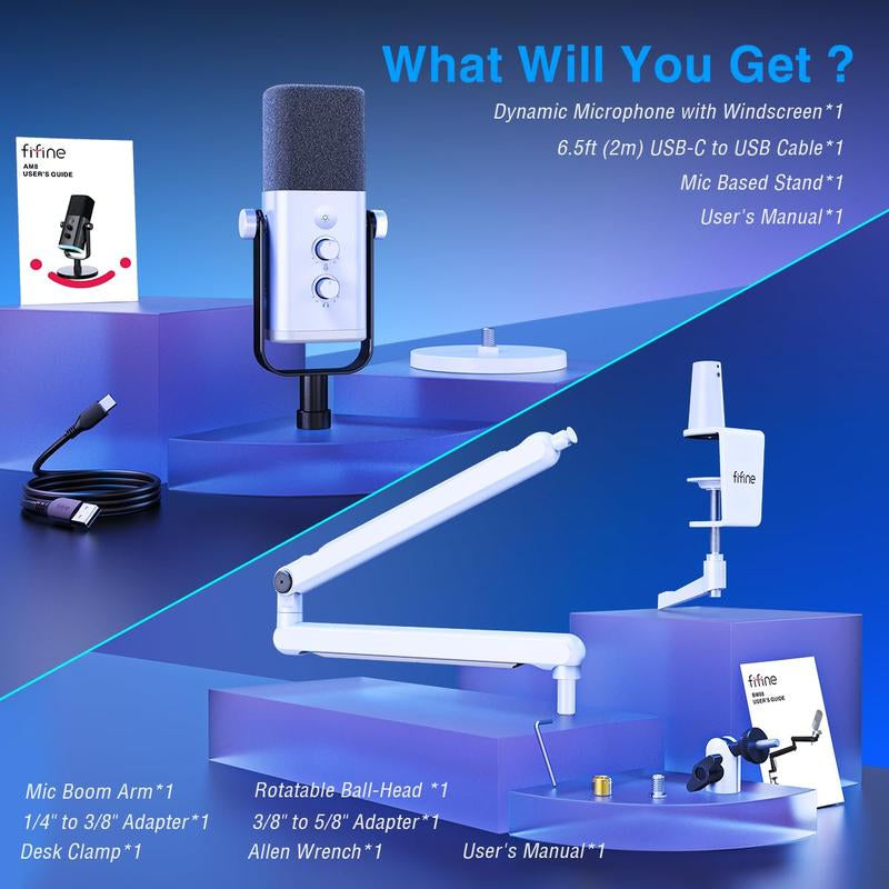 FIFINE AM8 Gaming Microphone and Low Profile Arm Stand Bundle, White XLR/USB Dynamic Mic with Mute Button, RGB Lighting, Desktop Stand, Adjustable Boom Arm Kit with Screw Adapter for Youtube Twitch Streaming Studio Audio Smartphone