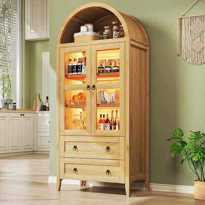 Farmhouse Arched Cabinet with Glass Doors, Wood Display Cabinet with Drawer and Adjustable Shelves, 71” Tall Bookshelf Modern China Storage Kitchen Pantry for Living Room,Office