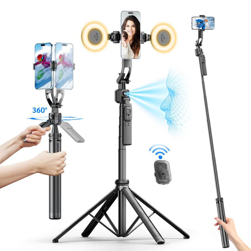 64" Auto Face Tracking Tripod for Iphone,No App,360° Rotation Smartphone Stand Tripod with Rechargeable Remote Control for Tiktok Contentcreation Vlog Video Recording Travel Cellphone Selfie