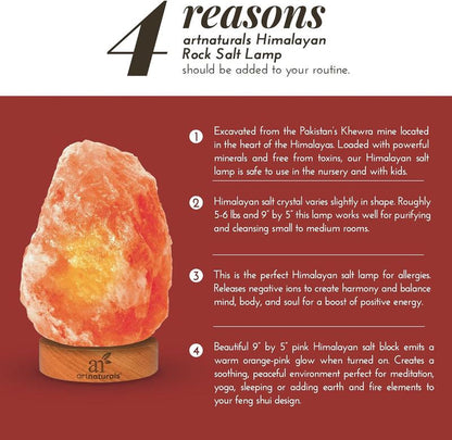 Artnaturals Himalayan Rock Salt Lamp - Natural Glow Night Light -Hand Carved Pink Crystal from Pure Salt - for Rest, Relaxation and Energy - Real Wooden Base