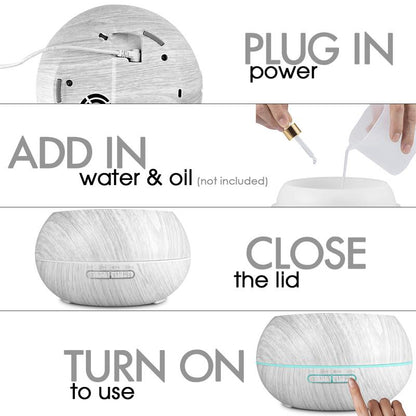 Family Sized 550Ml Ultrasonic Air Humidifier & Aroma Diffuser, Wood Grain Design, Remote Operation, 7 LED Mood Lights, 6 Essential Oils for Home Wellness, Aromatherapy Machine & Air Purifier for Enhanced Comfort