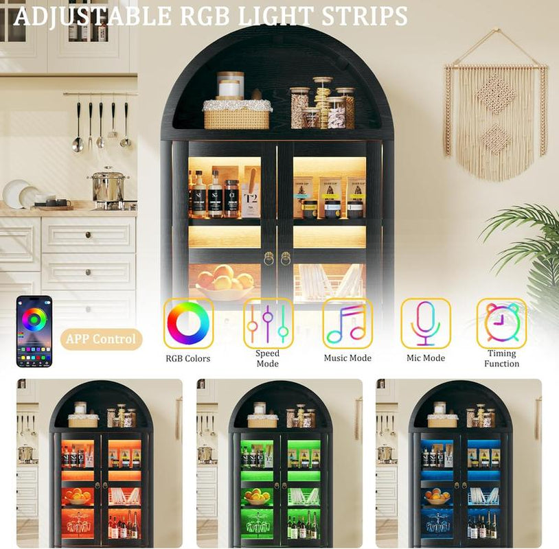 Farmhouse Arched Cabinet with Glass Doors, Wood Display Cabinet with Drawer and Adjustable Shelves, 71” Tall Bookshelf Modern China Storage Kitchen Pantry for Living Room,Office