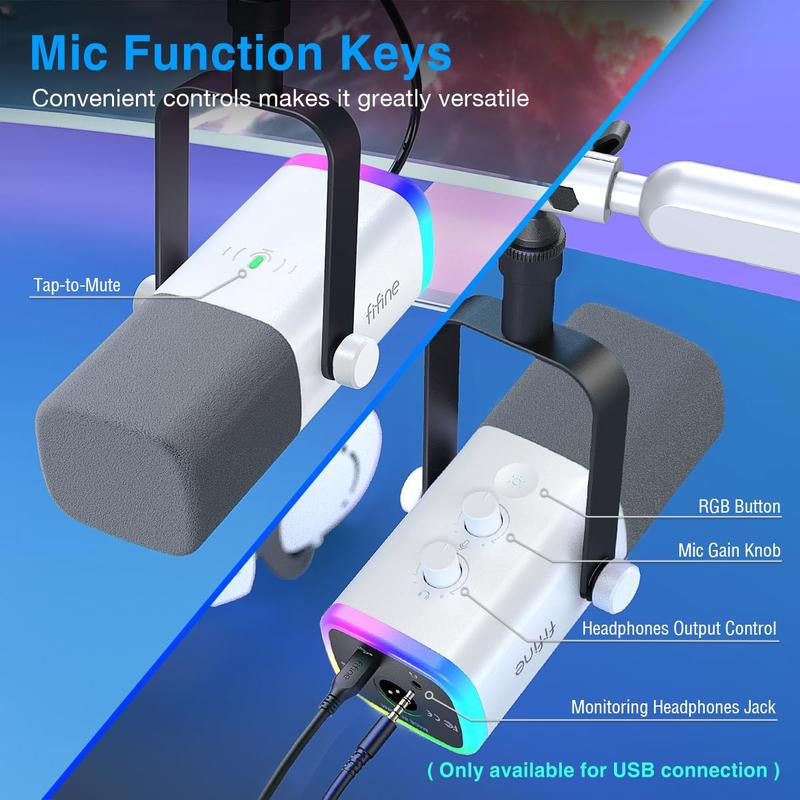 FIFINE AM8 Gaming Microphone and Low Profile Arm Stand Bundle, White XLR/USB Dynamic Mic with Mute Button, RGB Lighting, Desktop Stand, Adjustable Boom Arm Kit with Screw Adapter for Youtube Twitch Streaming Studio Audio Smartphone