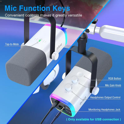 FIFINE AM8 Gaming Microphone and Low Profile Arm Stand Bundle, White XLR/USB Dynamic Mic with Mute Button, RGB Lighting, Desktop Stand, Adjustable Boom Arm Kit with Screw Adapter for Youtube Twitch Streaming Studio Audio Smartphone