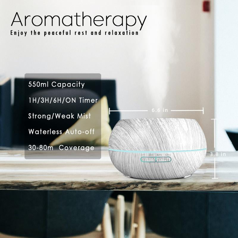 Family Sized 550Ml Ultrasonic Air Humidifier & Aroma Diffuser, Wood Grain Design, Remote Operation, 7 LED Mood Lights, 6 Essential Oils for Home Wellness, Aromatherapy Machine & Air Purifier for Enhanced Comfort
