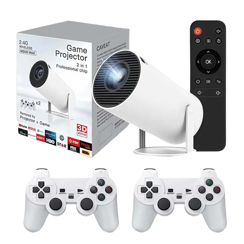 [US Warehouse]Game Projector with 2 Retro Game Consoles, 2 in 1 Projector, Dual Game Sticks, Mini Projector with Bluetooth and WIFI, 4K Multi-Function HD Portable Outdoor Movie Proyector, Compatible with Iphone/Pc/Laptop,