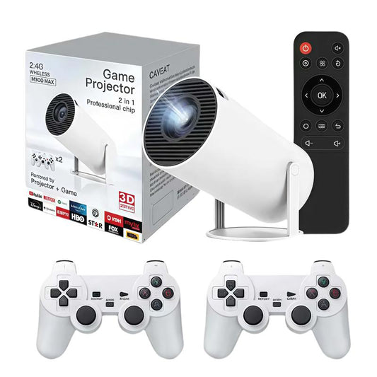 [US Warehouse]Game Projector with 2 Retro Game Consoles, 2 in 1 Projector, Dual Game Sticks, Mini Projector with Bluetooth and WIFI, 4K Multi-Function HD Portable Outdoor Movie Proyector, Compatible with Iphone/Pc/Laptop,