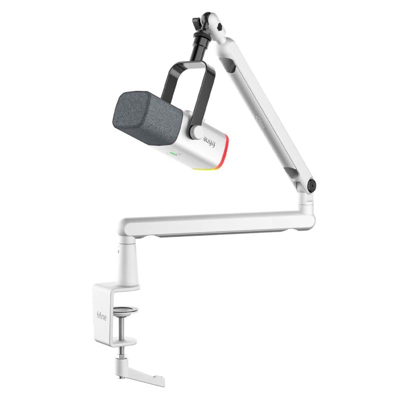 FIFINE AM8 Gaming Microphone and Low Profile Arm Stand Bundle, White XLR/USB Dynamic Mic with Mute Button, RGB Lighting, Desktop Stand, Adjustable Boom Arm Kit with Screw Adapter for Youtube Twitch Streaming Studio Audio Smartphone