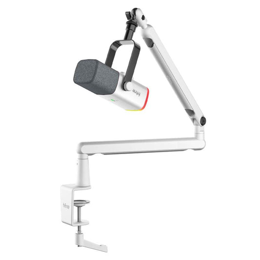 FIFINE AM8 Gaming Microphone and Low Profile Arm Stand Bundle, White XLR/USB Dynamic Mic with Mute Button, RGB Lighting, Desktop Stand, Adjustable Boom Arm Kit with Screw Adapter for Youtube Twitch Streaming Studio Audio Smartphone