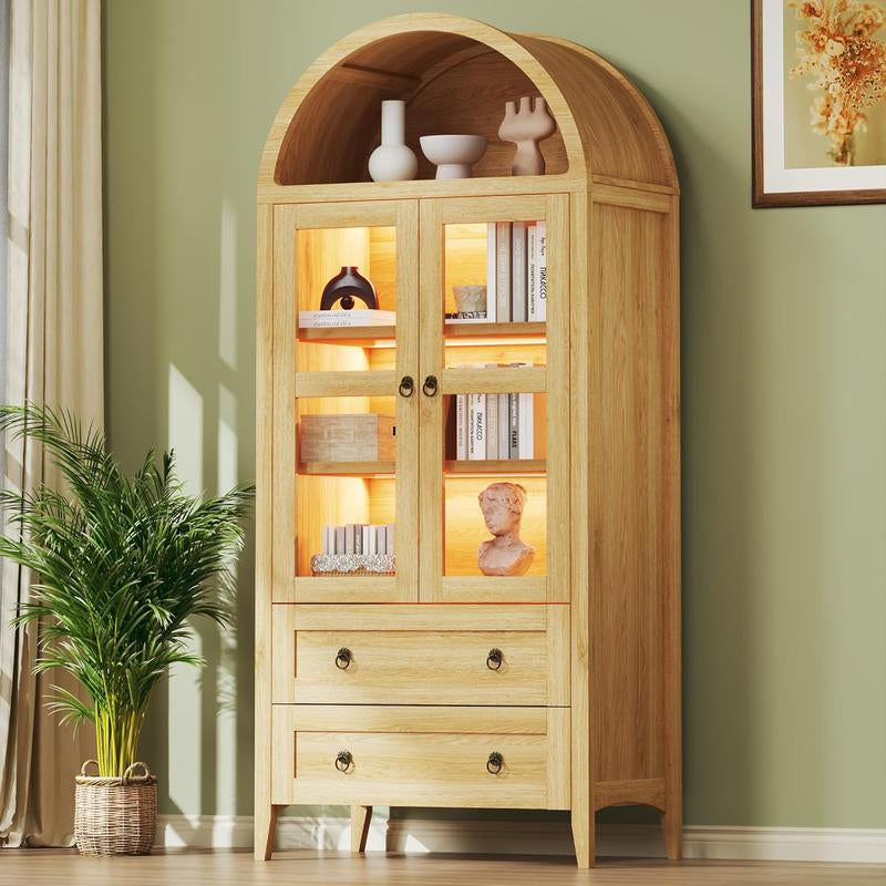 Farmhouse Arched Cabinet with Glass Doors, Wood Display Cabinet with Drawer and Adjustable Shelves, 71” Tall Bookshelf Modern China Storage Kitchen Pantry for Living Room,Office