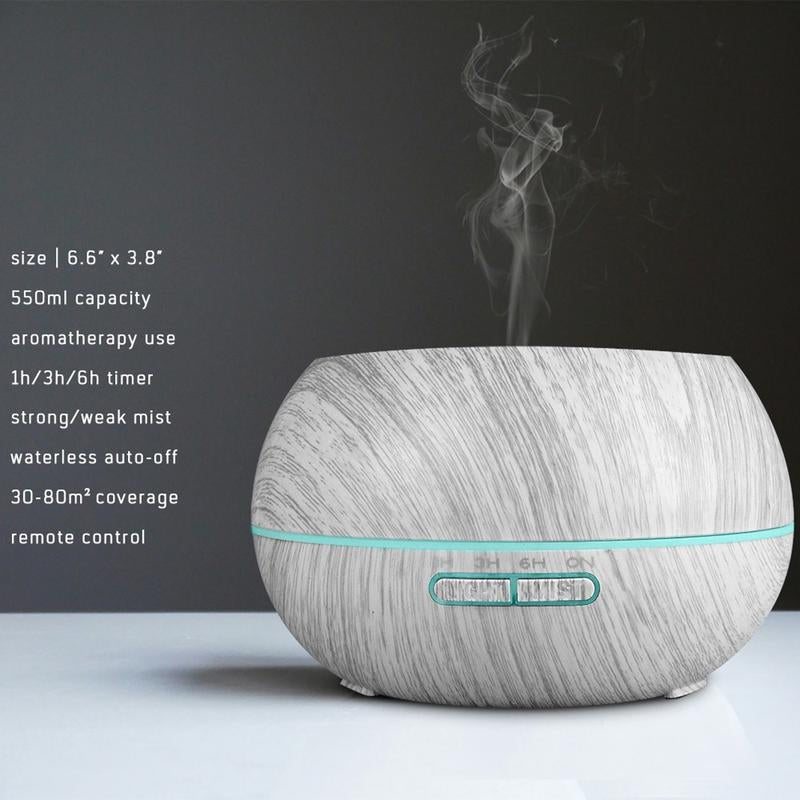 Family Sized 550Ml Ultrasonic Air Humidifier & Aroma Diffuser, Wood Grain Design, Remote Operation, 7 LED Mood Lights, 6 Essential Oils for Home Wellness, Aromatherapy Machine & Air Purifier for Enhanced Comfort