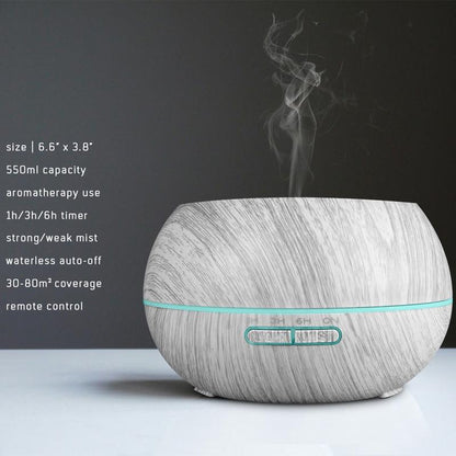 Family Sized 550Ml Ultrasonic Air Humidifier & Aroma Diffuser, Wood Grain Design, Remote Operation, 7 LED Mood Lights, 6 Essential Oils for Home Wellness, Aromatherapy Machine & Air Purifier for Enhanced Comfort