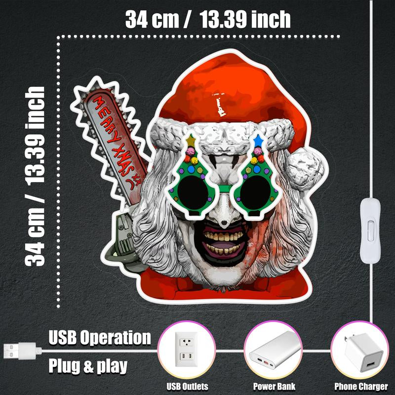 Terifiier Art the Clown Christmas Neon Sign Horror Movie Inspired LED Wall Light USB Powered Acrylic Panel Horror Movie Collectible 13.39 X 13.39 Inch