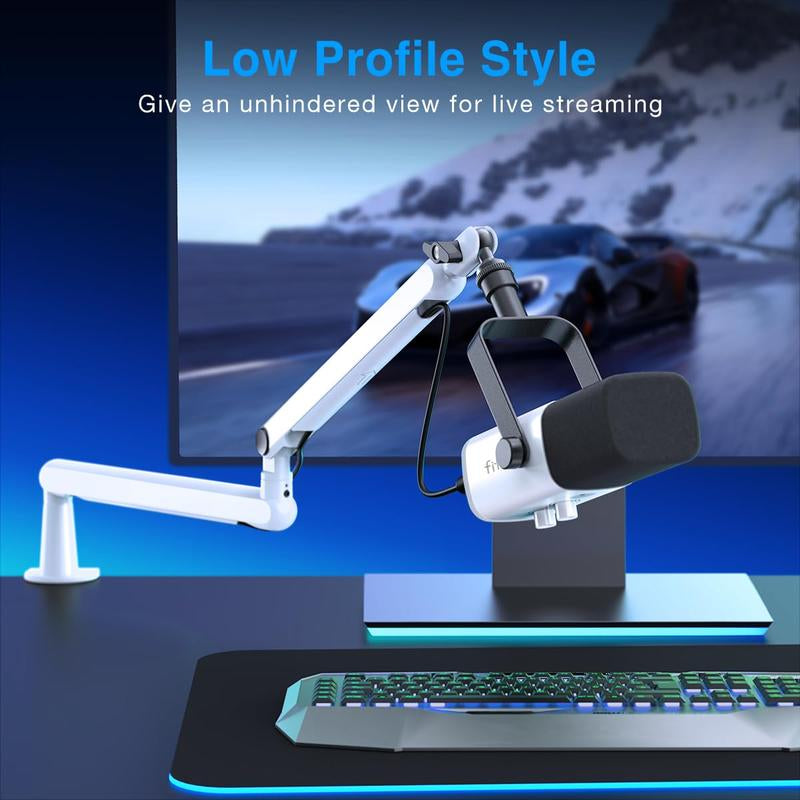 FIFINE AM8 Gaming Microphone and Low Profile Arm Stand Bundle, White XLR/USB Dynamic Mic with Mute Button, RGB Lighting, Desktop Stand, Adjustable Boom Arm Kit with Screw Adapter for Youtube Twitch Streaming Studio Audio Smartphone