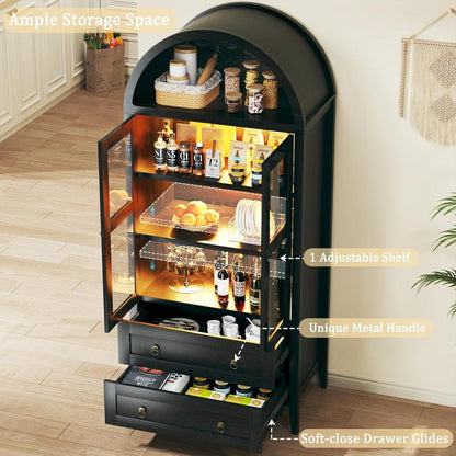 Farmhouse Arched Cabinet with Glass Doors, Wood Display Cabinet with Drawer and Adjustable Shelves, 71” Tall Bookshelf Modern China Storage Kitchen Pantry for Living Room,Office