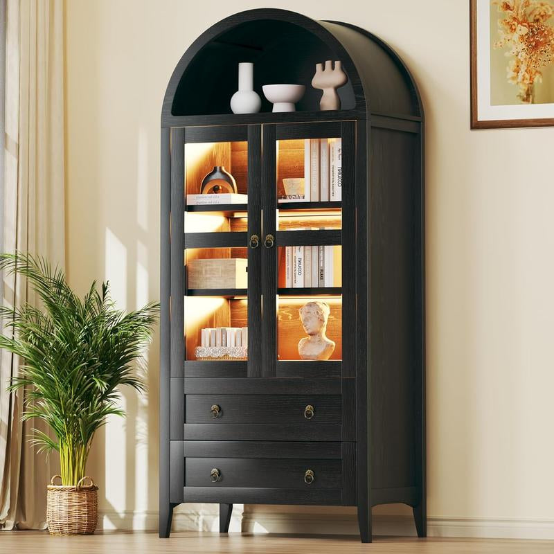 Farmhouse Arched Cabinet with Glass Doors, Wood Display Cabinet with Drawer and Adjustable Shelves, 71” Tall Bookshelf Modern China Storage Kitchen Pantry for Living Room,Office