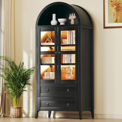 Farmhouse Arched Cabinet with Glass Doors, Wood Display Cabinet with Drawer and Adjustable Shelves, 71” Tall Bookshelf Modern China Storage Kitchen Pantry for Living Room,Office