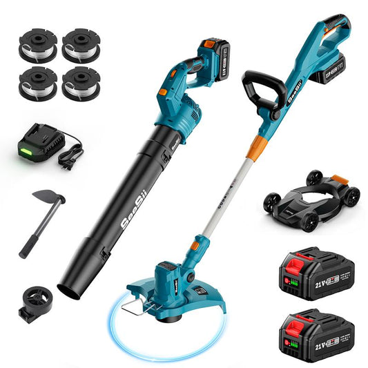 Seesii Electric 12" Lawn Mower and Leaf Blower Combo Kit, 3 in 1 Cordless Weed Wacker Grass Eater with 1.3"/2.1" Height, Battery String Trimmer Rotary Handheld Blower with 5-Speed for Yard Lawn