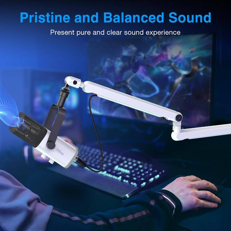 FIFINE AM8 Gaming Microphone and Low Profile Arm Stand Bundle, White XLR/USB Dynamic Mic with Mute Button, RGB Lighting, Desktop Stand, Adjustable Boom Arm Kit with Screw Adapter for Youtube Twitch Streaming Studio Audio Smartphone