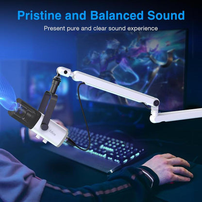 FIFINE AM8 Gaming Microphone and Low Profile Arm Stand Bundle, White XLR/USB Dynamic Mic with Mute Button, RGB Lighting, Desktop Stand, Adjustable Boom Arm Kit with Screw Adapter for Youtube Twitch Streaming Studio Audio Smartphone